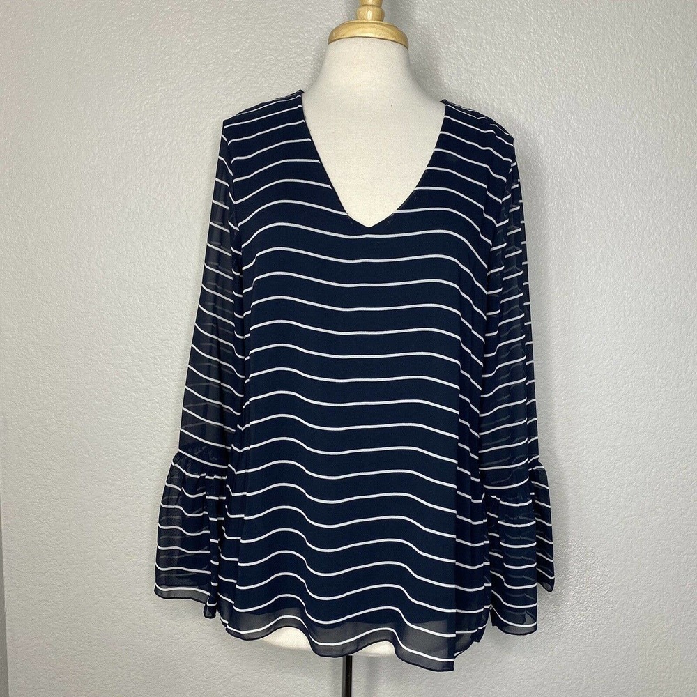 BANANA REPUBLIC Navy White Stripe Georgette Blouse Bell Sleeve Large L/S Lined